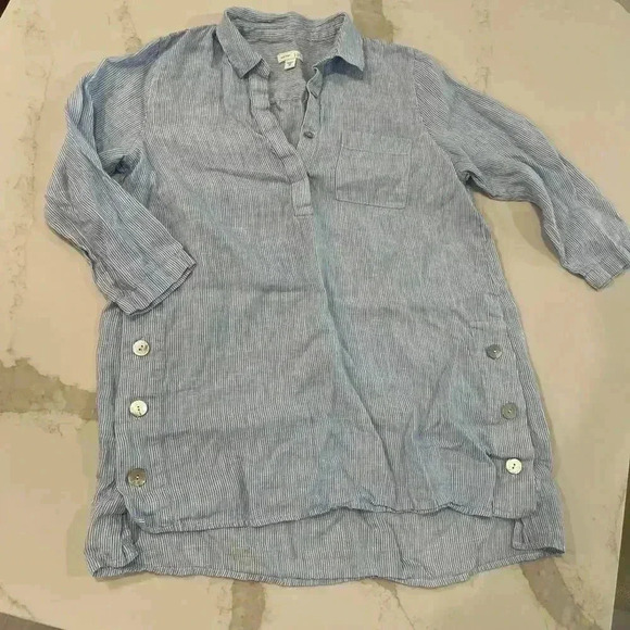 J. Jill Women's 100% Linen Tunic Top Size XS Blue White Stripes Side Buttons - Picture 2 of 4